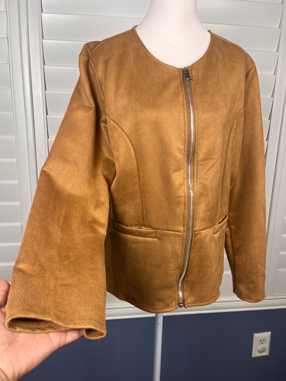 Women's Open-Front faux Suede Jacket Tan size M western minimalist - Picture 4 of 9